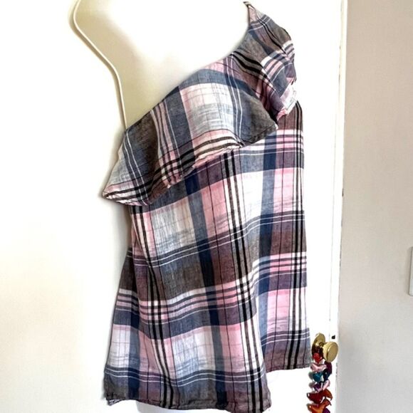 ANTHRO CLOTH & STONE PINK & BLUE PLAID ONE SHOULDER LINEN BLEND TOP SIZE LARGE - Picture 6 of 11